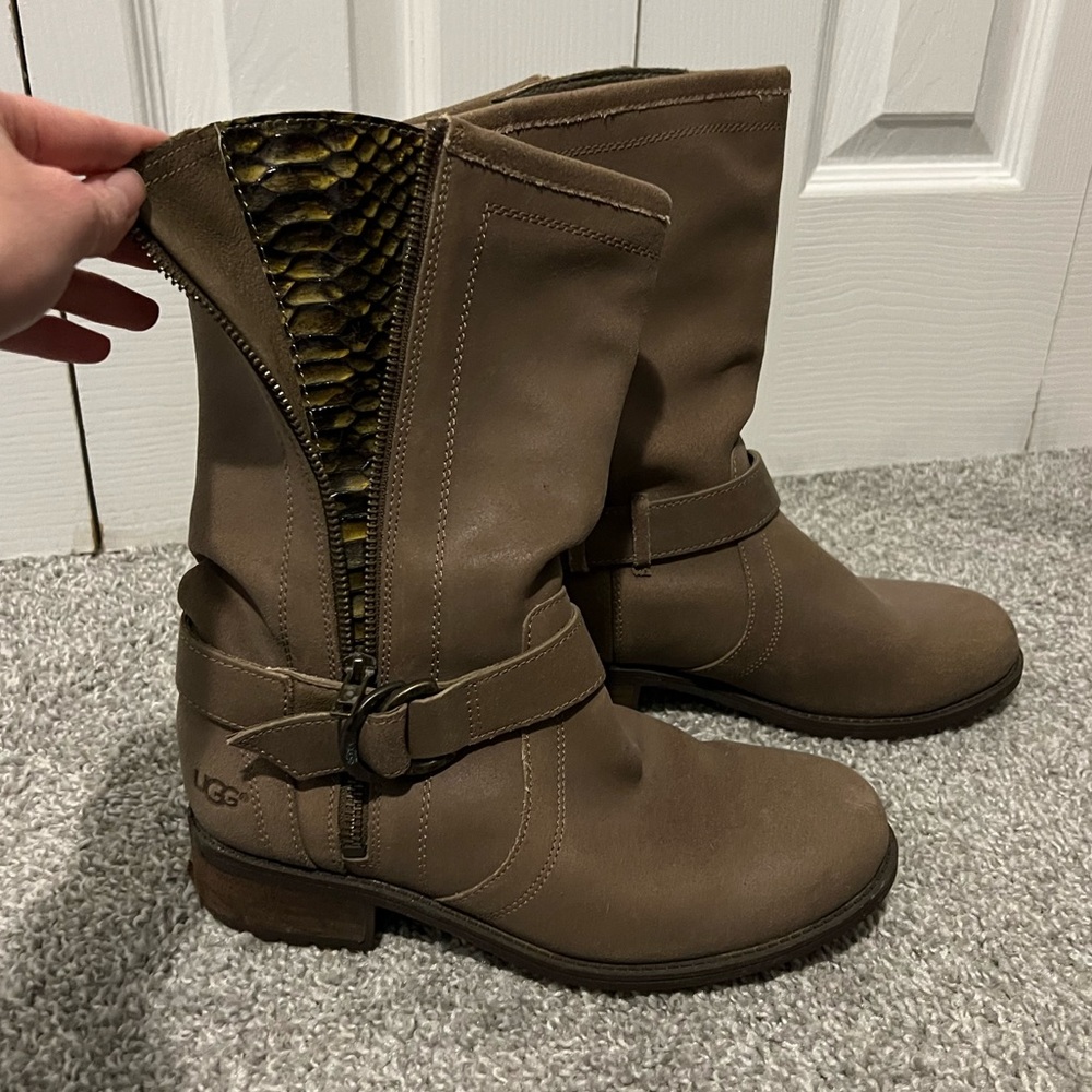 UGG Tan Suede Mid-Calf Boots with Snakeskin Detail